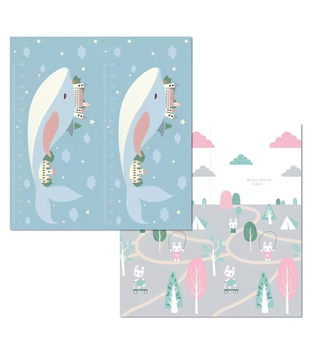 Covoras pentru Copii, Flippy, cu 2 Fete, Model Balene/Iepurasi, din XPE+PE, Impermeabil, Antiderapant, Protectie Termica, +3 Luni, Pliabil, 180 x 200 x 1.5 cm, Multicolor