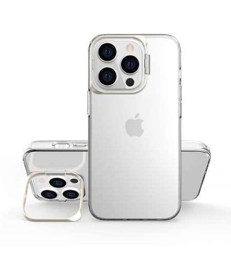 Husa de protectie pentru iPhone 14 Pro Max, cu suport metalic pentru camera, Bracket Series, Vafy, Protectie Antisoc, PC mat, silicon moale pe margini, Transparent