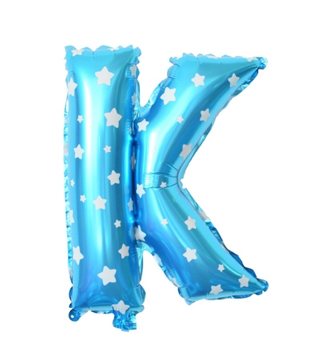 Balon Folie Metalizata Litera K, Flippy, 40 cm, Cu Imprimeu Stelute, Umflati cu Heliu sau Aer, Ambalaj Individual, Pai inclus, Albastru