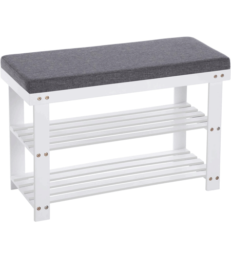 SONGMICS Banca pentru pantofi din bambus, 2 niveluri, cu perna, sarcina 150 kg, 71x29x49 cm, alb si gri