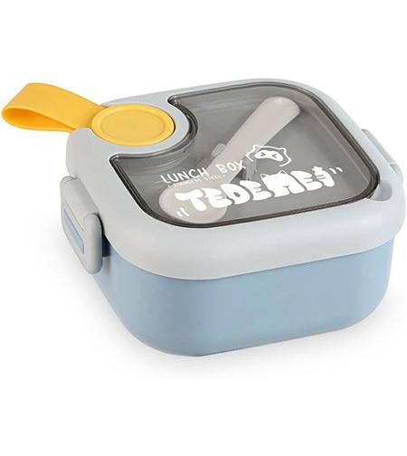 Caserola pentru copii Flippy, lunch box, 750 ml, doua boluri, lingura, foarfeca din plastic, rezistenta la scurgeri, Albastra