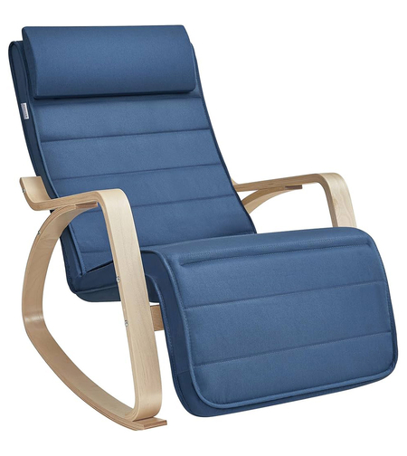 SONGMICS Scaun balansoar din lemn, suport picioare reglabil, maxim 150kg, 122x67x84 cm, albastru inchis