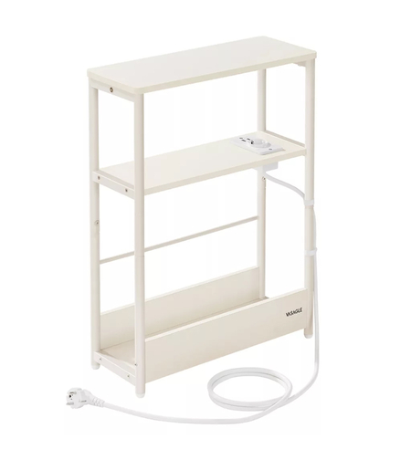 VASAGLE Masuta ingusta cu priza si porturi de incarcare USB, 3 rafturi, 45x18x58 cm, alb crem