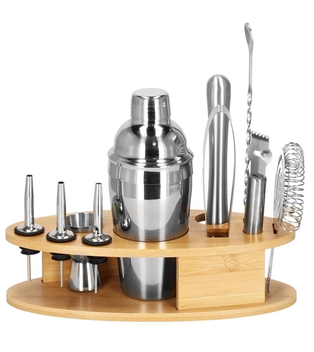 Set Cocktail Shaker Kit pentru barmani 550ml, KI24, suport bambus, 11 piese