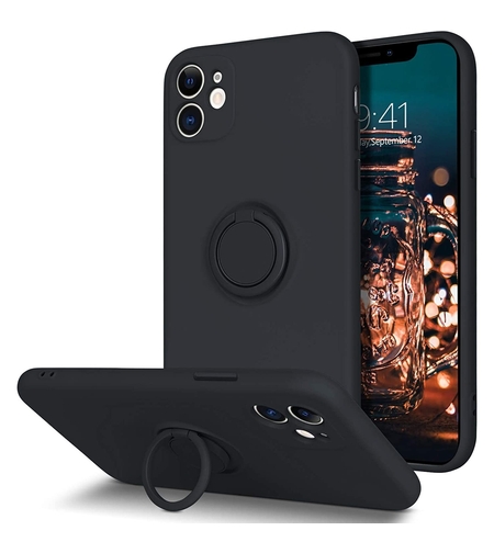 Husa protectie Vafy compatibila cu Apple iPhone 12 Liquid Silicone Ring cu suport rotativ Negru