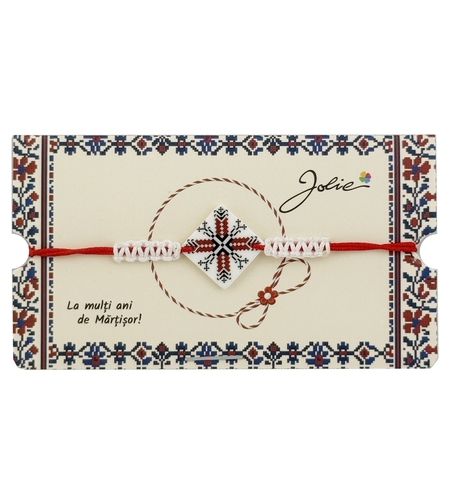 Martisor Traditional Bratara Norocoasa, Jolie, Model Romb Port Traditional, Bratara Martisor pentru Copii, din Plastic/Textil, Snur Alb/Rosu