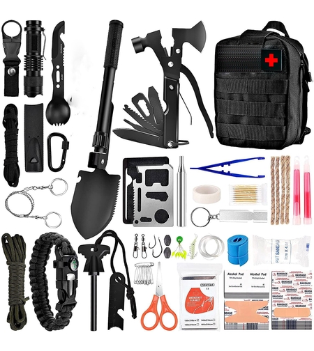 Kit supravietuire multifuncional Flippy, 42 de Instrumente Profesionale, Echipament de prim-ajutor, Drumetie, Camping, Negru