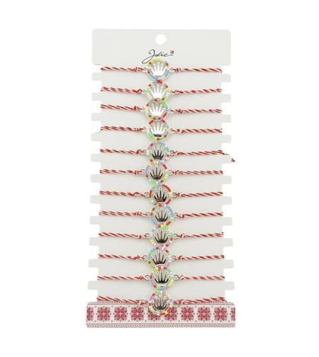 Bratara Martisor pentru Dama, Jolie, Model Coroana, Set 12 bucati, Pandativ Argintiu din Inox cu Elemente Multicolore, Snur Alb/Rosu