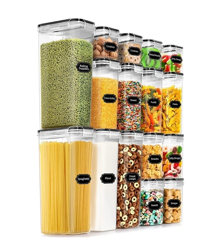 Cutii de depozitare alimente, Flippy, Set din 16 Cutii pentru Condimente, Cereale, Cutii pentru Bucatarie, din Plastic PP, Cutii Alimentare, Diferite Dimensiuni, Transparente