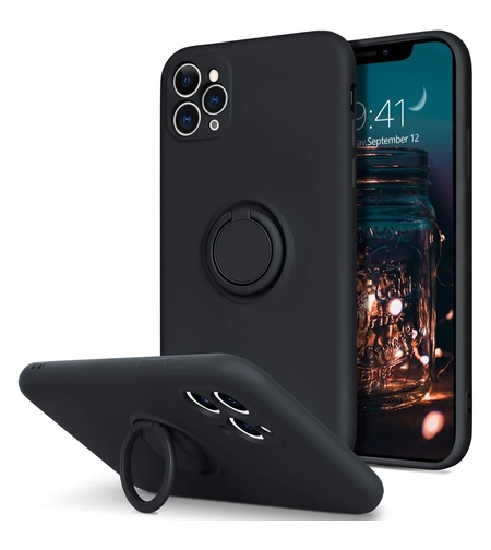 Husa protectie Vafy compatibila cu Apple iPhone 11 Pro Max Liquid Silicone Ring cu suport rotativ Negru