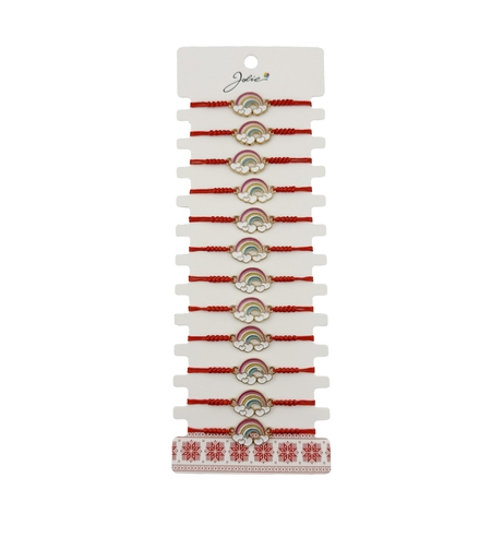 Bratara Martisor pentru Dama, Jolie, Model Curcubeu cu Inimi, Set 12 bucati, Pandativ din Inox Auriu, Snur Ajustabil Impletit, Rosu