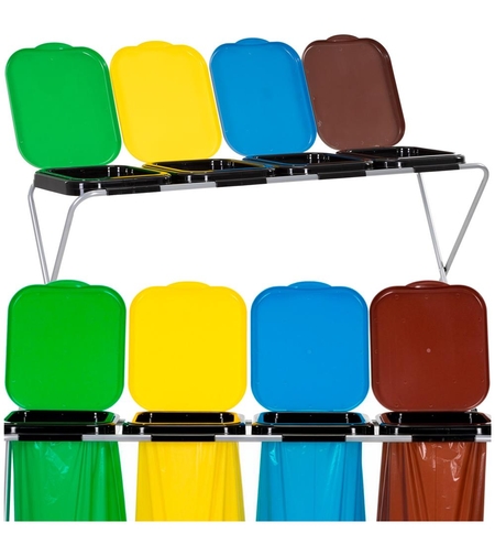 Cos de gunoi selectiv cu 4 compartimente, cadru metalic si capace PP, 128x42x74 cm
