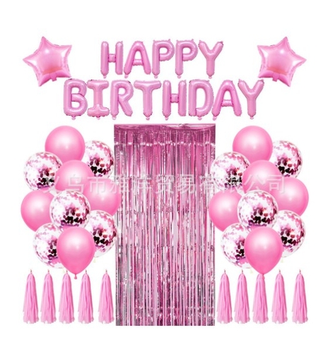 Set 47 baloane, 10 ciucuri, 2 baloane stea folie, 6 baloane latex confetti, 6 baloane galbene latex, 8 baloane negre latex, 1 Perdea Praty Folie, Litere Happy Birthday, Roz