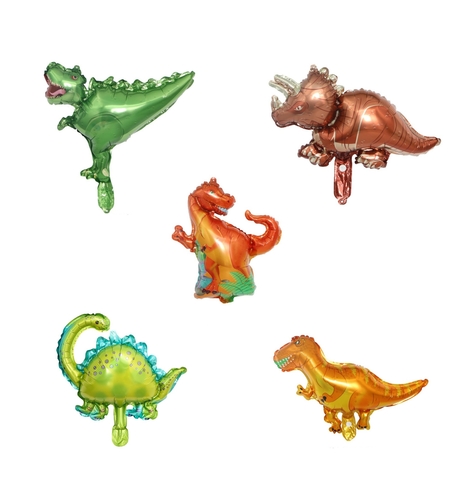 Set 5 Baloane Folie Metalizata, Flippy, Figurine Dinozauri, 30 cm, Ambalaj Individual, Pai inclus, Umflare cu Aer sau Heliu, Multicolor