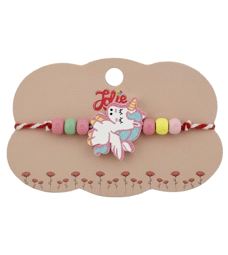 Bratara Martisor pentru Copii, Jolie, Pandativ Unicorn, cu Margele Multicolore, Snur Alb/Rosu, Alb/Roz