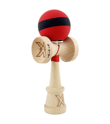 Kendama X Originala, Profesionala, Flippy, Cupe Mari KING SIZE V3, Rubber Grip, Gaura in Baza, Rulment Metalic, din lemn 18 cm, Ata 62/65 cm, M Bicolor Rosu Dublu/Negru