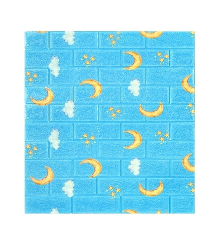 Set 10 Placi Tapet 3D, Flippy, 70 x 77 cm, Grosime 3 mm, din Polietilena, Tip Caramida, Model Luna, Suprafata acoperita 5.3 mp, Albastru