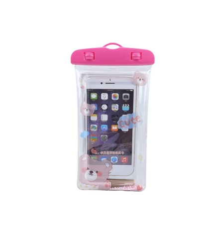 Husa subacvatica Glitter Kids Waterproof Flippy, Snowproof, Universala, cu Snur, pentru telefon sau documente, Cute Bear, Roz