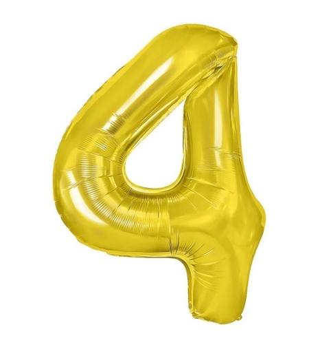 Balon din Folie Metalizata Flippy, Figurina Cifra, Tema Aniversare 80 cm, Ambalaj Individual, Pai inclus, Umflare cu Aer sau Heliu, Auriu, Cifra 4