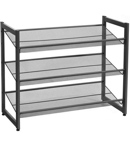 SONGMICS Raft de depozitare pantofi pe 3 niveluri, metal, rafturi plate sau unghiulare reglabile, 31x74x63cm, negru