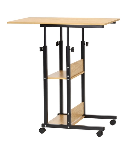 Birou reglabil pe inaltime cu rafturi si roti, blat din lemn si structura metalica, 80x40x76-86 cm, maro natur