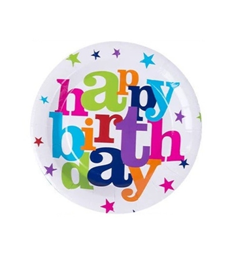 Set 6 Farfurii Unica Folosinta, Flippy, Imprimeu Happy Birthday, din Carton, Diametru 23 cm, Multicolor