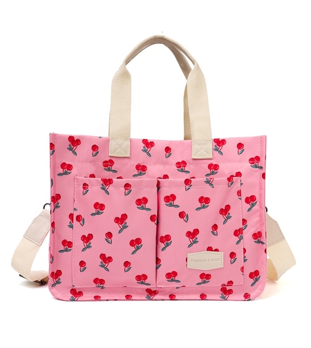 Geanta de Mana/Umar, Multifunctionala, Flippy, Inchidere cu Capsa, Imprimeu Cirese, Material Textil, 33.5 x 25 x 14.5 cm, Roz
