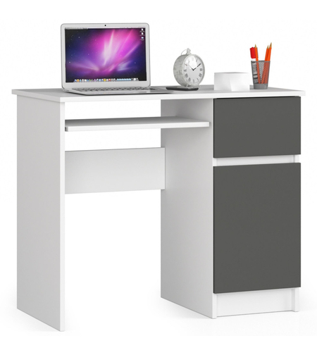 Birou computer PIKSEL, cu sertar, dulap si raft pentru tastatura, dreapta, 90x50x77 cm, alb si gri