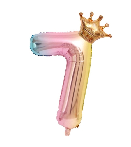 Balon din Folie Metalizata, Flippy, Figurina Cifra Gradient, Tema Aniversare 80 cm, Ambalaj Individual, Pai inclus, Umflare cu Aer sau Heliu, Coronita, Cifra 7