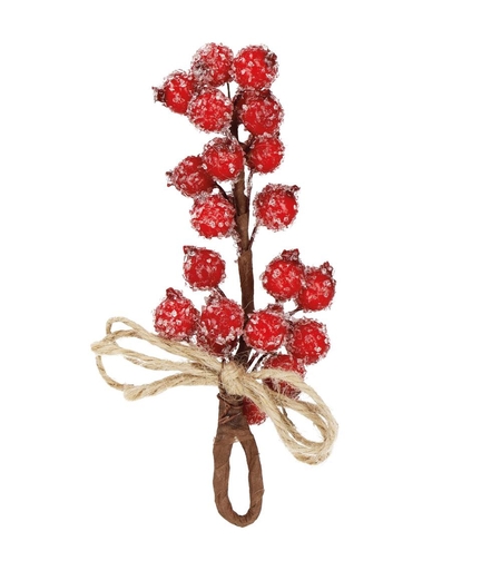 Ramura decorativa cu boabe de merisoare artificiale si snur din iuta, 15x5,5 cm, rosu