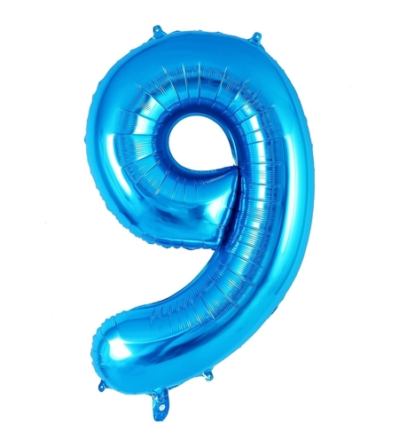 Balon din Folie Metalizata, Flippy, Figurina Cifra, Tema Aniversare 80 cm, Ambalaj Individual, Pai inclus, Umflare cu Aer sau Heliu, Albastru, Cifra 9
