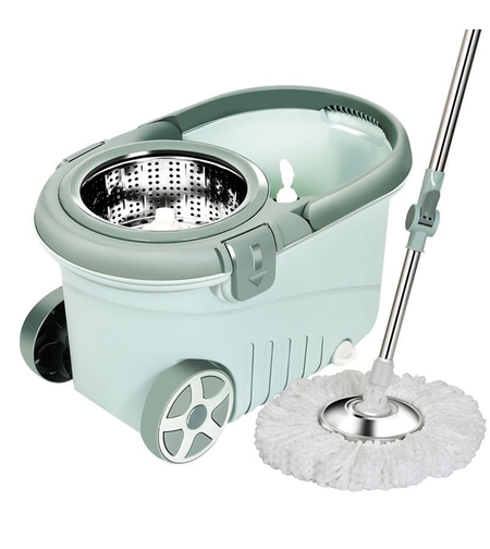 Set mop rotativ cu galeata Flippy, material plastic si microfibra, o rezerva inclusa, rezistent, cu dop scurgere, vas detasabil, orificiu pentru solutie, pentru interior, capacitate 8 l, verde