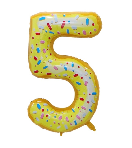 Balon din Folie Metalizata Flippy, Figurina Cifra, Imprimeu Gogosi, Tema Aniversare 100 cm, Ambalaj Individual, Pai inclus, Umflare cu Aer sau Heliu, Multicolor, Cifra 5