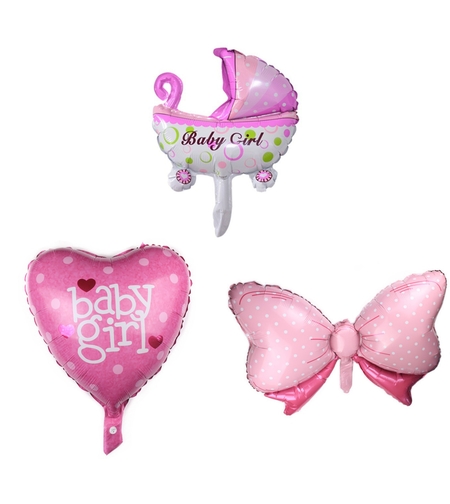 Set 3 Baloane din Folie Metalizata, Vafy, Figurine Carucior, Inima, Fundita, Tema Botez, 45 cm, Ambalaj Individual, Pai Inclus, Umflare cu Aer sau Heliu, Roz