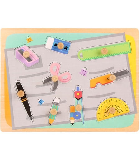 Puzzle Montessori din Lemn pentru Copii, Flippy, 0-3 Ani, 3D, Model Instrumente Matematice, Educativ, Intuitiv, Creativ, 9 Piese, 30x22.5x0.8 cm, Multicolor