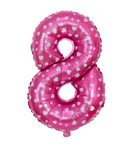 Balon din Folie Metalizata Flippy, Figurina Cifra, Imprimeu Inimi, Tema Aniversare 80 cm, Ambalaj Individual, Pai inclus, Umflare cu Aer sau Heliu, Roz, Cifra 8