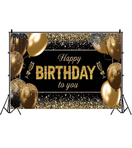 Banner Tip Fundal pentru Poze, Flippy, din Panza, 185 x 110 cm, Sfoara 6 m, Prindere in 4 Colturi, Happy Birthday to You, Negru/Auriu