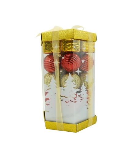 Set de 35 ornamente de brad, Flippy, de tip Glob, Rosu/ Auriu, din polistiren, cu finisaj sclipitor , cutie 11 cm adancime x 19 cm inaltime x 11 cm lungime)
