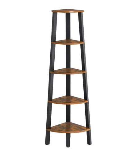 VASAGLE Raft de colt cu 5 etaje, tip biblioteca, cadru metal si polite lemn, 33x34x159cm, industrial, maro rustic si negru