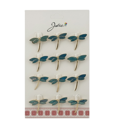 Set 12 Brose Martisor Traditional, Jolie, Model Libelula, Brose din Metal, Aspect Lacuit, 2,5 x 2,5 cm per Unitate, Verde