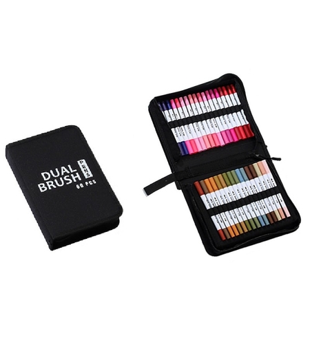 Set Carioci pe Baza de Apa, Flippy, 2 in 1, pentru Pictura, Caligrafie, 60 Culori, Penar Negru, Corp Carioca Alb, 26.5 x 17.5 x 4.5 cm, Multicolor