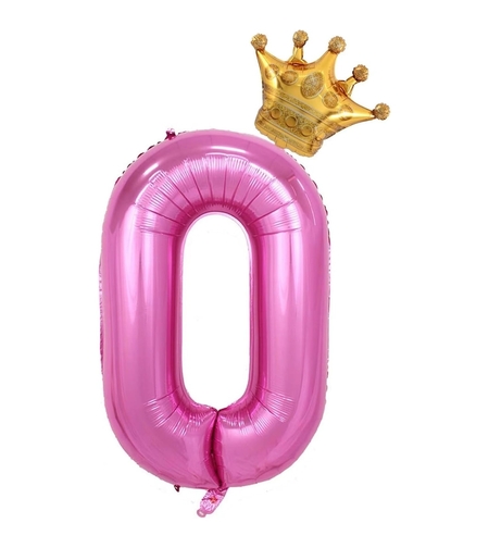 Balon din Folie Metalizata Flippy, Figurina Cifra si Coroana, Tema Aniversare 100 cm, Ambalaj Individual, Pai inclus, Umflare cu Aer sau Heliu, Roz, Cifra 0