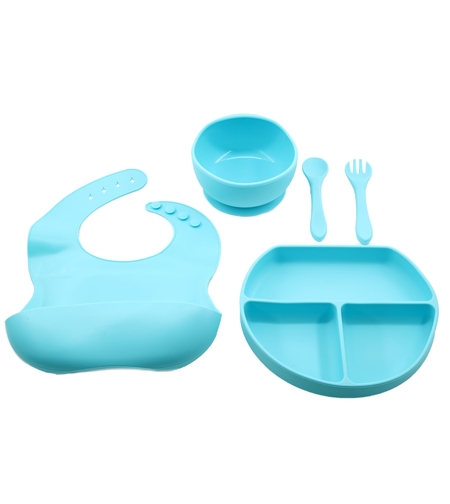Set 5 piese diversificare bebelusi si copii din silicon Flippy, baveta, farfurie compartimentata cu ventuza, bol cu ventuza, tacamuri, fara alergeni, albastru
