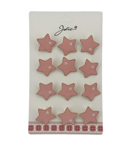 Set 12 Brose Martisor Stea cu Inima Copii, Jolie, Brose din Metal, Aspect Lacuit, 2 x 2 cm per Unitate, Roz