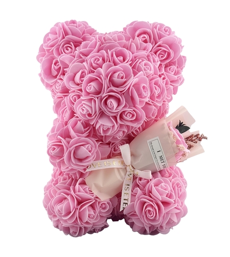 Ursulet din Flori, Flippy, Ursulet din Trandafiri de spuma, Ursuletul 16 x 16 x 23 cm / Cutia Trasparenta 17 x 17 x 25 cm, Roz