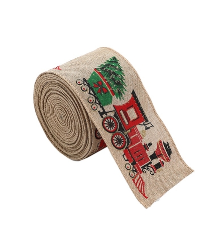Panglica de Craciun pentru Decor Brad, Flippy, Panglica Decorativa de Craciun pentru Funde, Imprimeu Trenulet, 200 x 6.3 m, Khaki