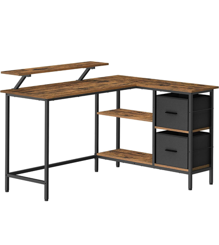 VASAGLE Birou in forma de L, suport monitor, 2 rafturi si 2 sertare, 105x135x76 cm, maro rustic