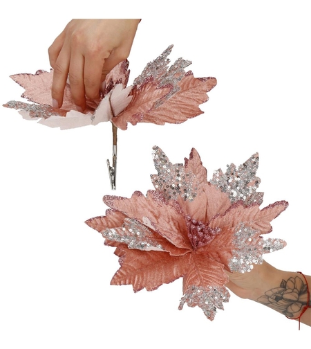 Set 5 ornamente pentru bradul de Craciun, stea Poinsettia, 26cm, roz argintiu