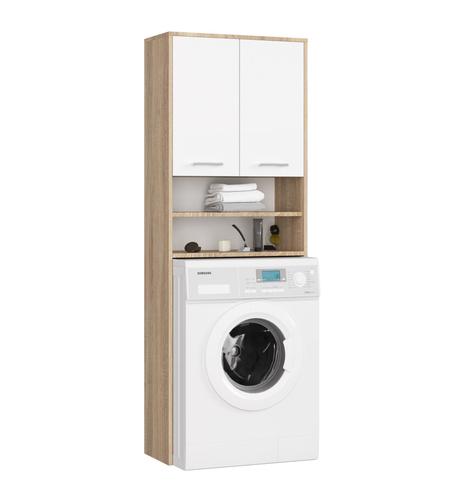 Dulap baie inalt pentru spatiu deasupra masinii de spalat, cu usi si polite, 64x30x180 cm, stejar sonoma si alb