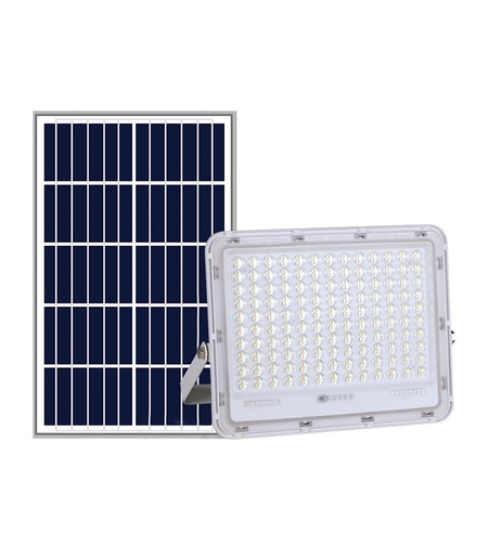 Proiector LED cu Panou Solar Flippy, Senzor de lumina Waterproof, 100W, 23x18 cm, suport U inclus, panou afisaj nivel baterie, telecomanda, 220V, Design Modern, Alb